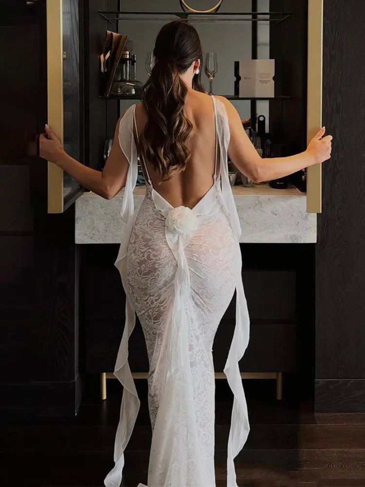 Sexy Sleeveless Lace Patchwork Print Women Backless Party Evening Dress 2024 New Trailing Long Skirt Flowing Vestido