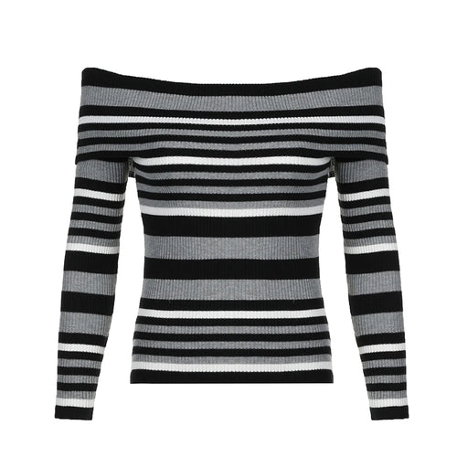 Load image into Gallery viewer, Vintage Fashion Stripe Women Sweaters Knitwears Off Shoulder Pullover Slim Tierred Gothic Autumn Jumpers Knitted Chic
