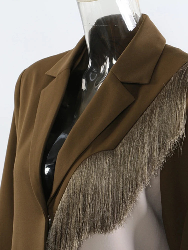 Women Army Green Color-block Tassels Big Size Blazer New Lapel Long Sleeve Jacket Fashion Tide Spring Autumn 2025 1DJ1290