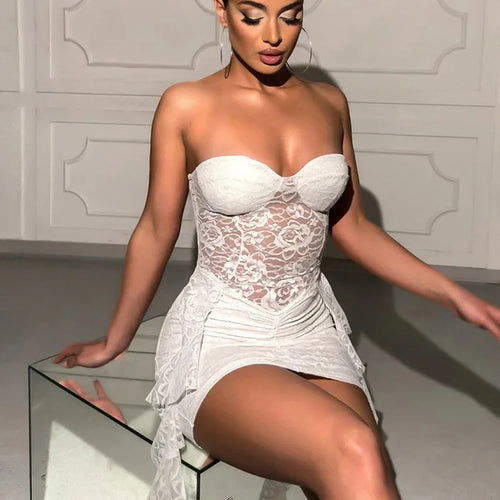 Load image into Gallery viewer, Lace Ruffle Sexy Mini Dress Women Summer New Off-shoulder Backless Sleeveless Draped Ruched  Beach Club Long Dress
