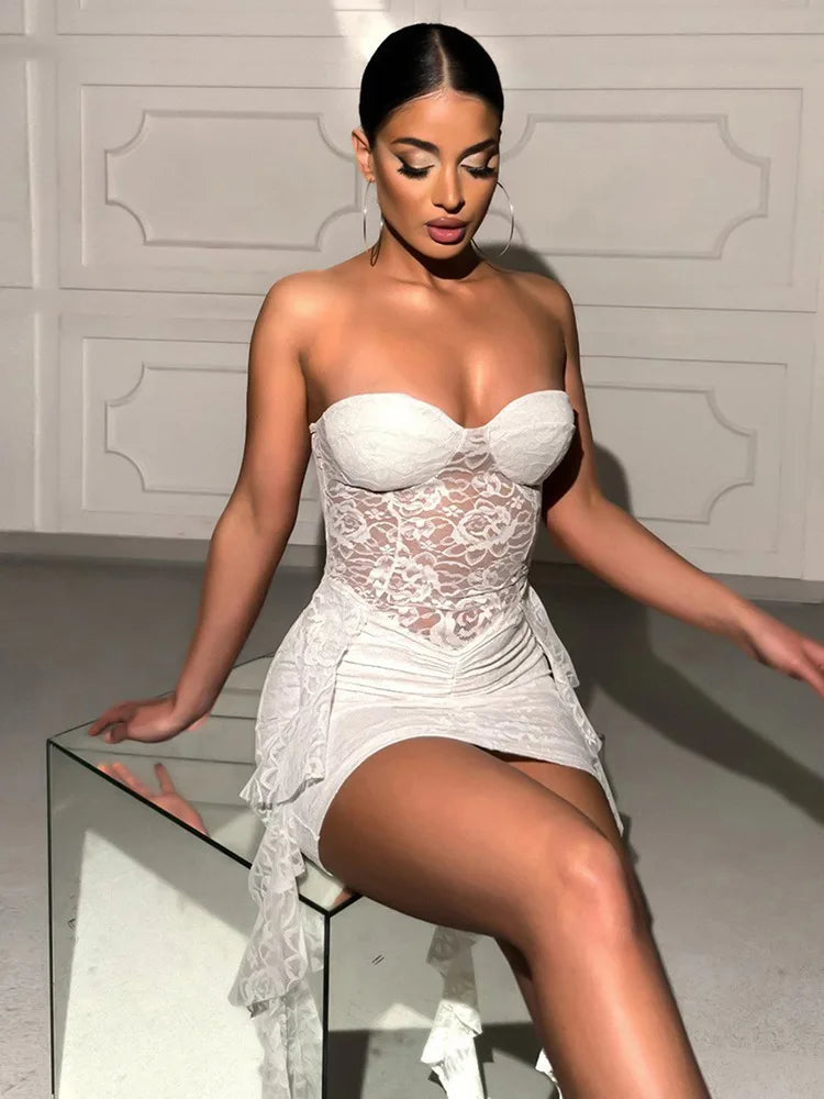 Lace Ruffle Sexy Mini Dress Women Summer New Off-shoulder Backless Sleeveless Draped Ruched  Beach Club Long Dress