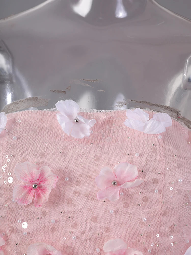 Women Three-dimensional Flower Rhinestones Mini Strapless Dress New Sleeveless Fashion Tide Spring Autumn 2025 CPG2978