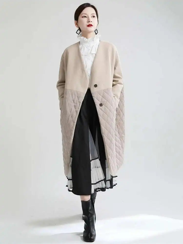 Apricot Warm Big Size Long Cotton-padded Coat Long Sleeve Loose Fit Women Parkas Fashion New Autumn Winter 2025 1DF4808