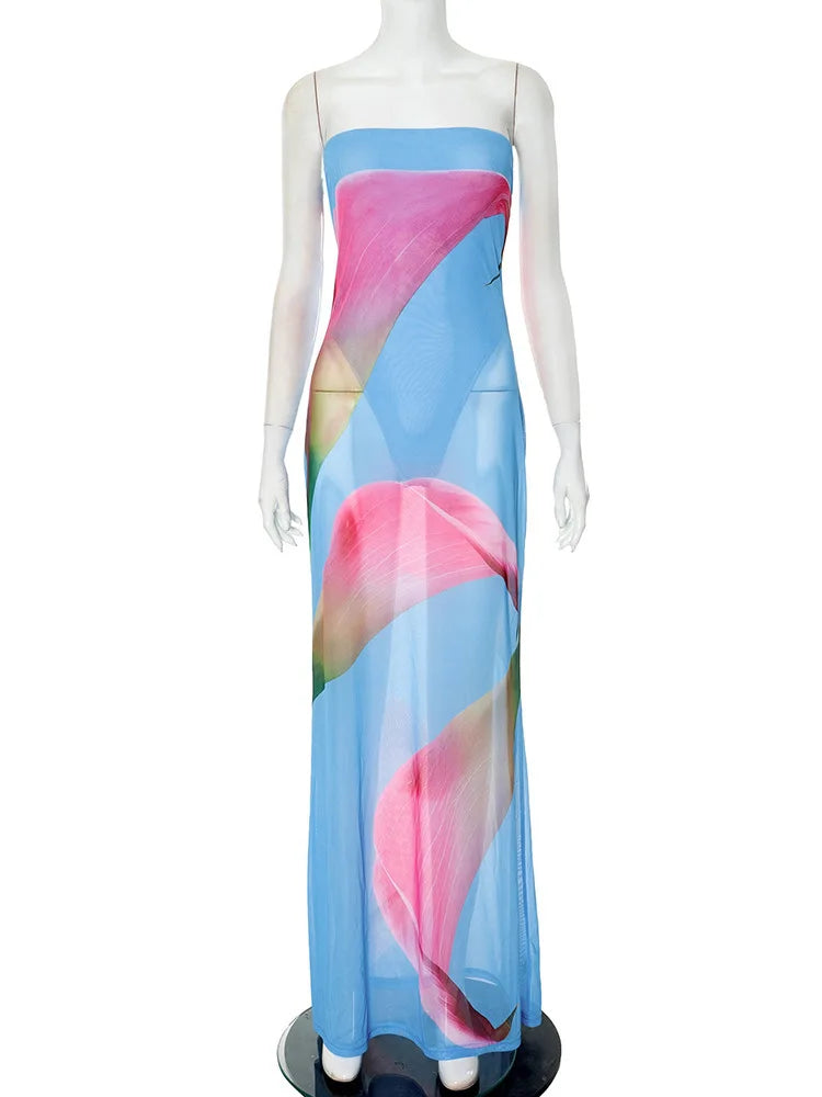 Floral Print Strapless Sexy Maxi Dress For Women Gown Patchwork Off-shoulder Backless Sleeveless Print Long Dress