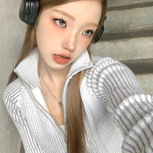 Load image into Gallery viewer, Vintage Zip Up Cardigan Womens Coats Korean Knitted Streetwear Stand  Collar Sweaters 2025 Slim All Match Striped Y2k Jackets
