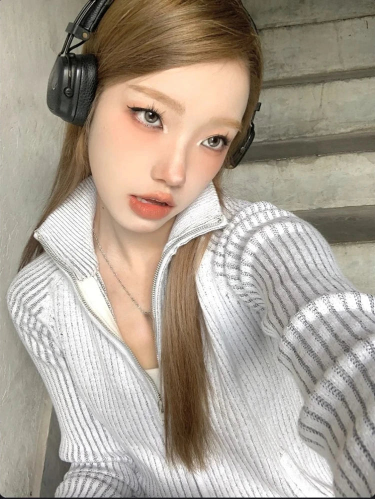 Vintage Zip Up Cardigan Womens Coats Korean Knitted Streetwear Stand  Collar Sweaters 2025 Slim All Match Striped Y2k Jackets