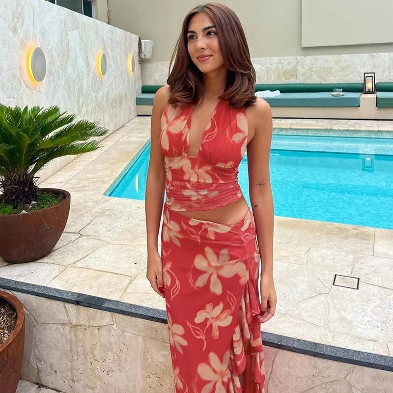 Halter Deep V Neck Ruffled Sexy Maxi Dress For Women Fashion Sleeveless Backless High Waist Bodycon Club Printed Dress