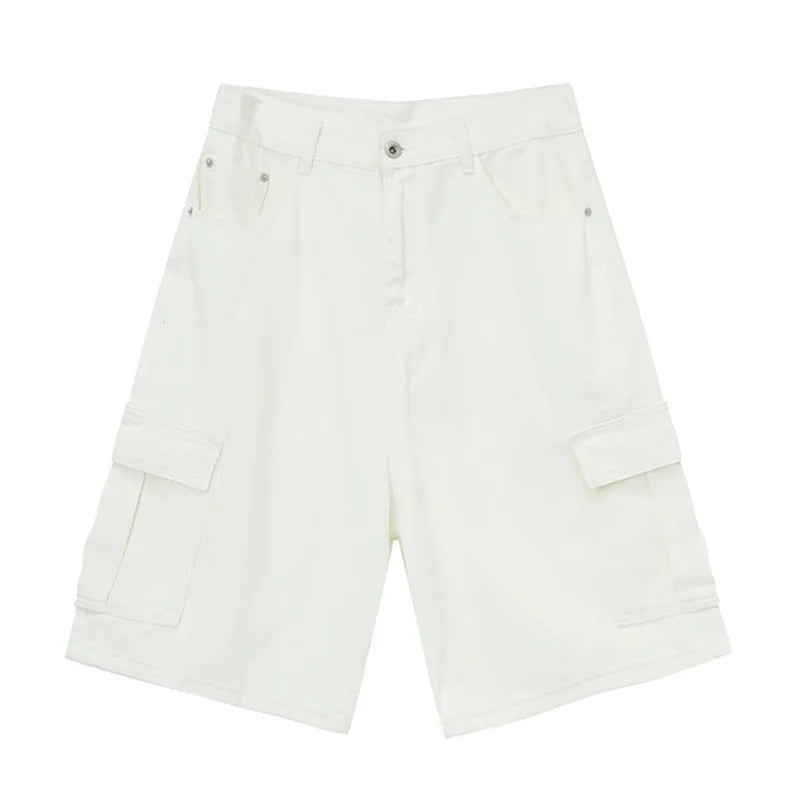 Summer New Trendy Men's Denim Shorts Retro Washed Wide Leg Short Jeans Straight Solid Color Male Casual Bottoms 9C6402