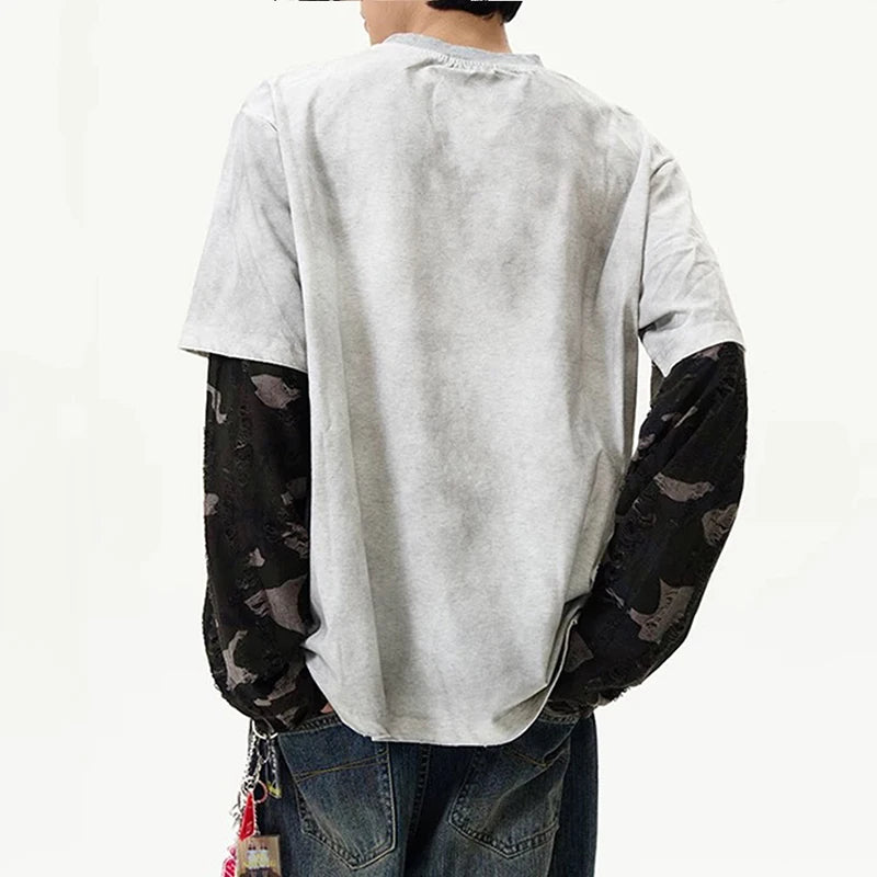 Men's Long Sleeve T-shirts American Digital Printing Fake Two-pieced Male Design Pullover Handsome Menwear 9W1471