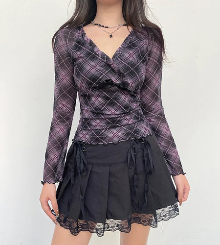 Y2K Aesthetic Frill Plaid Tshirt Mesh Top V Neck Chic Bow Ruffles Autumn Tee Shirts Female Clothing Vintage Fashion