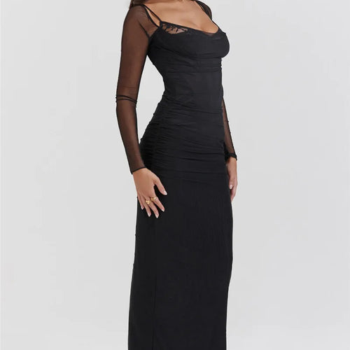 Load image into Gallery viewer, Elegant Sheer Long Sleeve Bodycon Maxi Dress For Women Fashion Mesh Black Strapless Backless Club Party Sexy Dress
