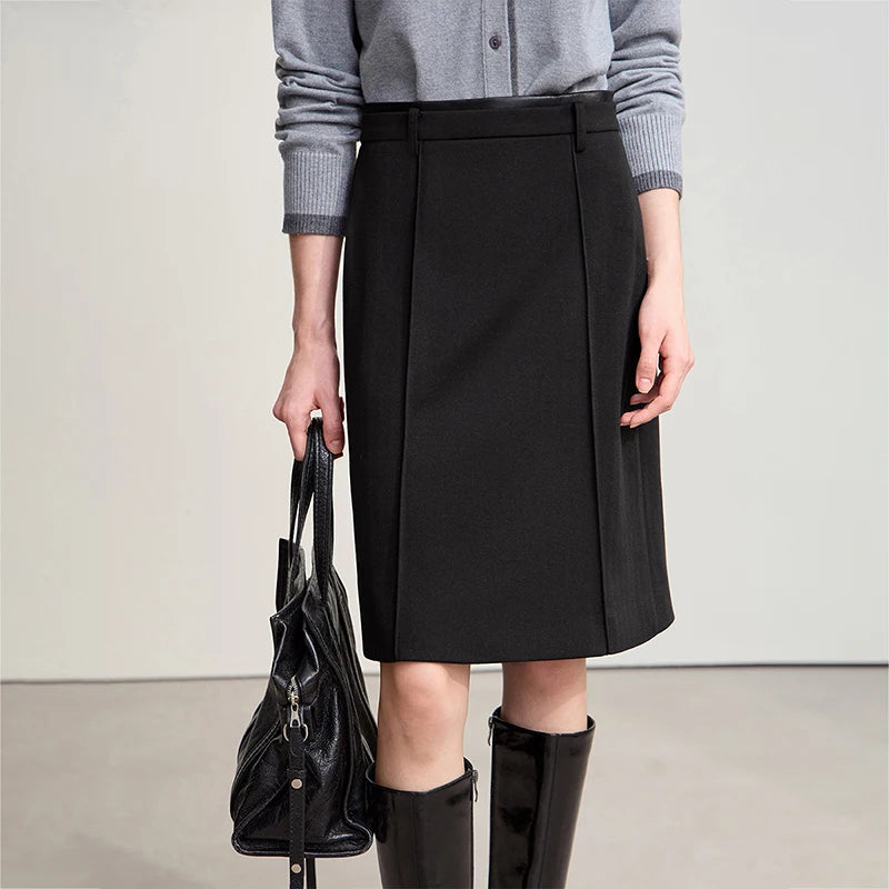 Minimalist Skirts For Women 2025 Winter New Straight Solid Knit Midi Skirt Patchwork Leather Casual Woman Clothes 12524092