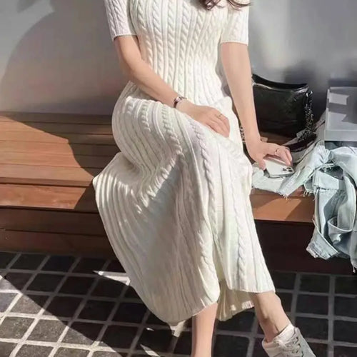Load image into Gallery viewer, Summer Blue Pink Short Sleeve Twists Knitted Dress For Women White V Neck Slim Holiday Long Dress 2025 Simplicity Fashion Casual
