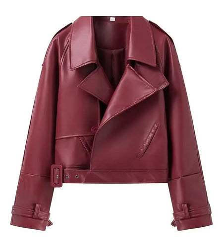 Winter Autumn Vintage Faux Leather Jacket Coat Chic Short Belt Bomber Jackets for Women Wine Street Outwear