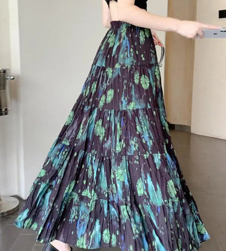 French Vintage Green Floral Ruffled High Waist Vacation Pleated Long Skirt Spring Summe Women Elegant Party Skirt Popular Trendy