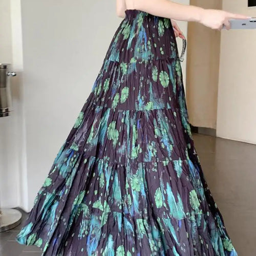 Load image into Gallery viewer, French Vintage Green Floral Ruffled High Waist Vacation Pleated Long Skirt Spring Summe Women Elegant Party Skirt Popular Trendy
