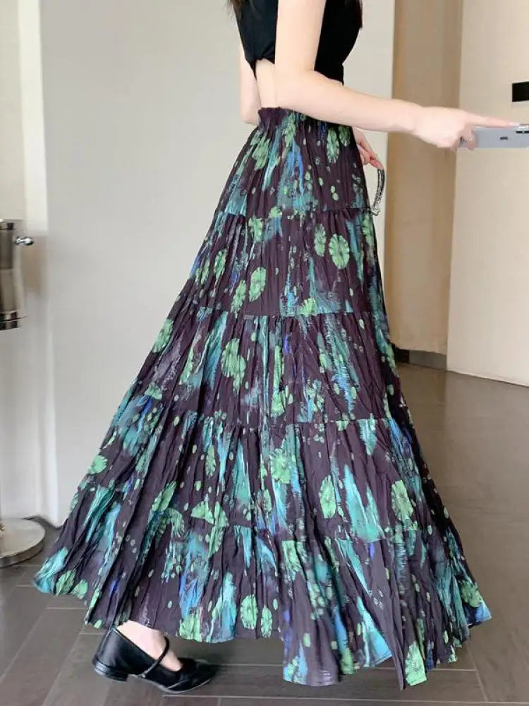 French Vintage Green Floral Ruffled High Waist Vacation Pleated Long Skirt Spring Summe Women Elegant Party Skirt Popular Trendy