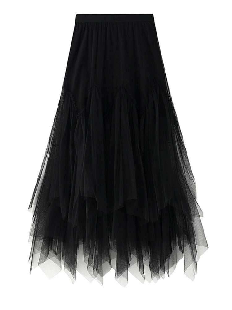 High Elastic Waist Green Irregular Pleated Mesh A-line Half-body Skirt Women Fashion Tide New Spring Autumn 2025 1DJ0436