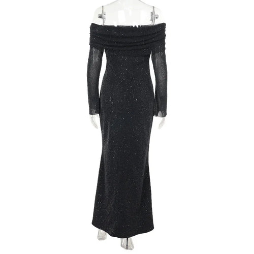 Load image into Gallery viewer, Glitter Off-shoulder Sexy Maxi Dress For Women Gown Black Strapless Long Sleeve Bodycon Club Party Sparkle Long Dress
