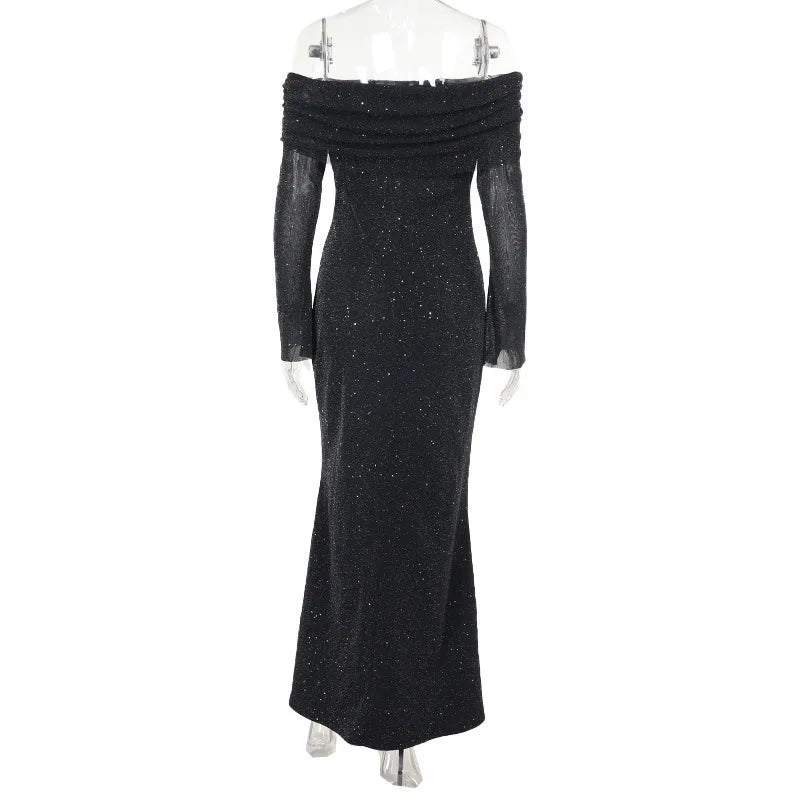 Glitter Off-shoulder Sexy Maxi Dress For Women Gown Black Strapless Long Sleeve Bodycon Club Party Sparkle Long Dress