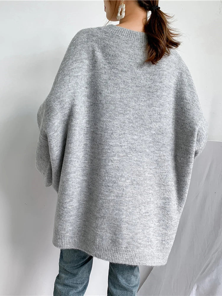 Blue Big Size Knitting Sweater Loose Fit Round Neck Lantern Sleeve Women Pullovers New Fashion Spring Autumn 2025 1DD6061