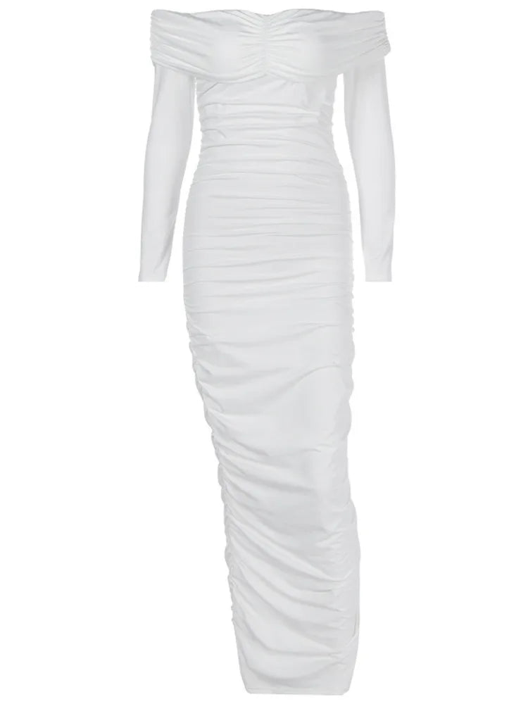 Elegant Long Sleeve Bodycon Party Club Evening Dress Solid Color Sexy Off Shoulder Dress Slim Spring New 2025 Clothing