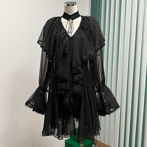 Load image into Gallery viewer, Black Ruffle Trim Dress For Women V Neck Flare Sleeve High Waist Ruched Solid Mini Dresses Female Clothing Summer
