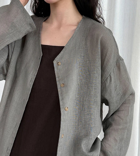 Women Gray Thin Casual Big Size Elegant Blouse New V-neck Long Sleeve Shirt Fashion Tide Spring Autumn 2025 1DJ1695