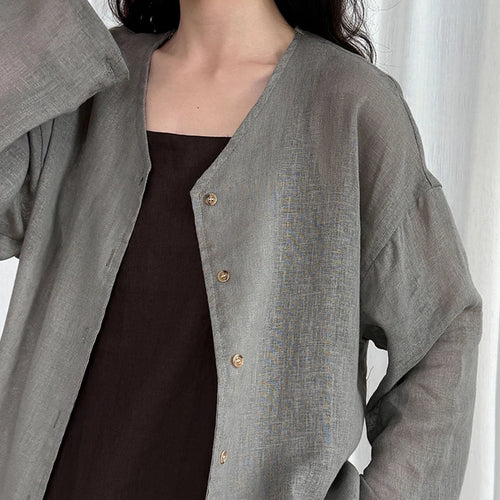 Load image into Gallery viewer, Women Gray Thin Casual Big Size Elegant Blouse New V-neck Long Sleeve Shirt Fashion Tide Spring Autumn 2025 1DJ1695
