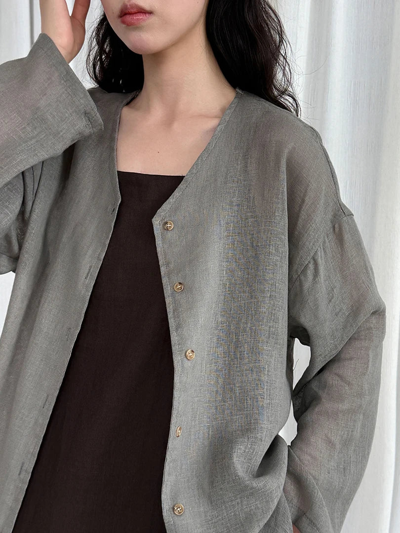 Women Gray Thin Casual Big Size Elegant Blouse New V-neck Long Sleeve Shirt Fashion Tide Spring Autumn 2025 1DJ1695