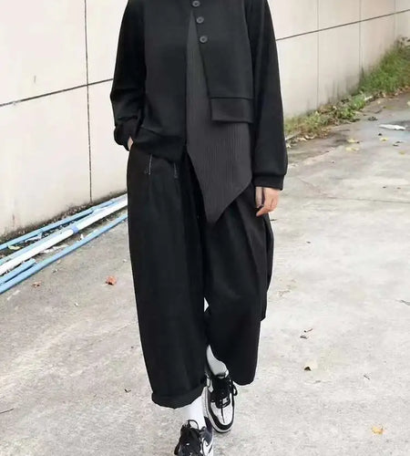 Women Black Irregular Hem Spliced Big Size T-shirt New Round Neck Long Sleeve Fashion Tide Spring Autumn 2025 1DJ0229