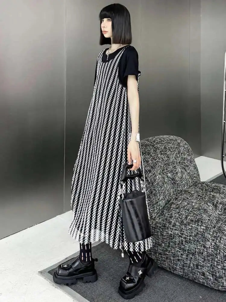 Women Black Irregular Mesh Big Size Casual Midi Dress New Round Neck Short Sleeve Fashion Tide Spring Summer 2025 1DH5415