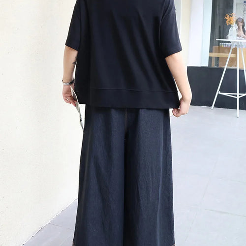 Load image into Gallery viewer, Women Black Hem Slit Irregular Big Size T-shirt New Round Neck Short Sleeve Fashion Tide Spring Summer 2025 1DJ0408
