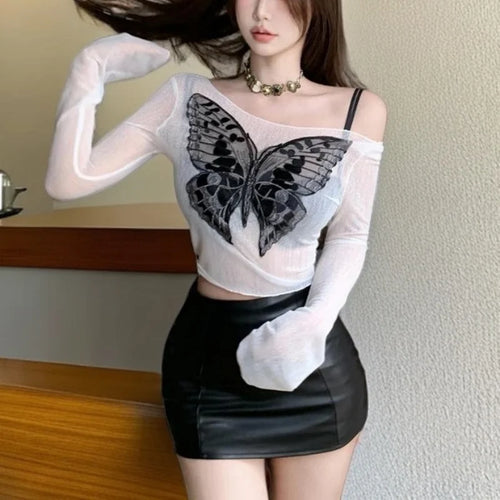 Load image into Gallery viewer, Fairy Grunge Top y2k Clothes Women Sheer Butterfly Print Off Shoulder Long Sleeve T Shirt 2000s Clothing Streetwear
