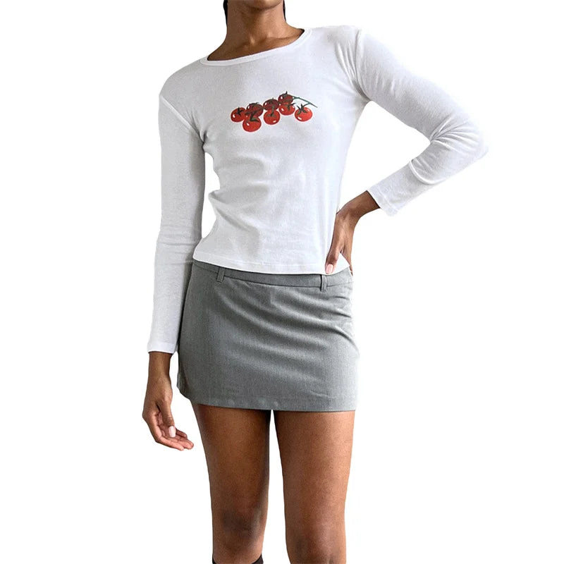 y2k Crop Top 2000s Women Graphic Cherry/Cake Print Round Neck Long Sleeve T Shirt Aesthetic Clothing White Streetwear