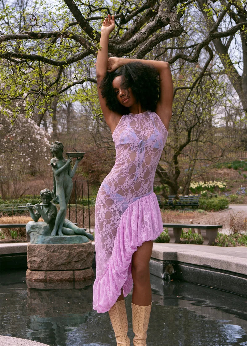 Lace See Through Ruffle Sexy Midi Dress Women Gown Summer Fashion High Waist Slim Thigh High Split Elegant Long Dress