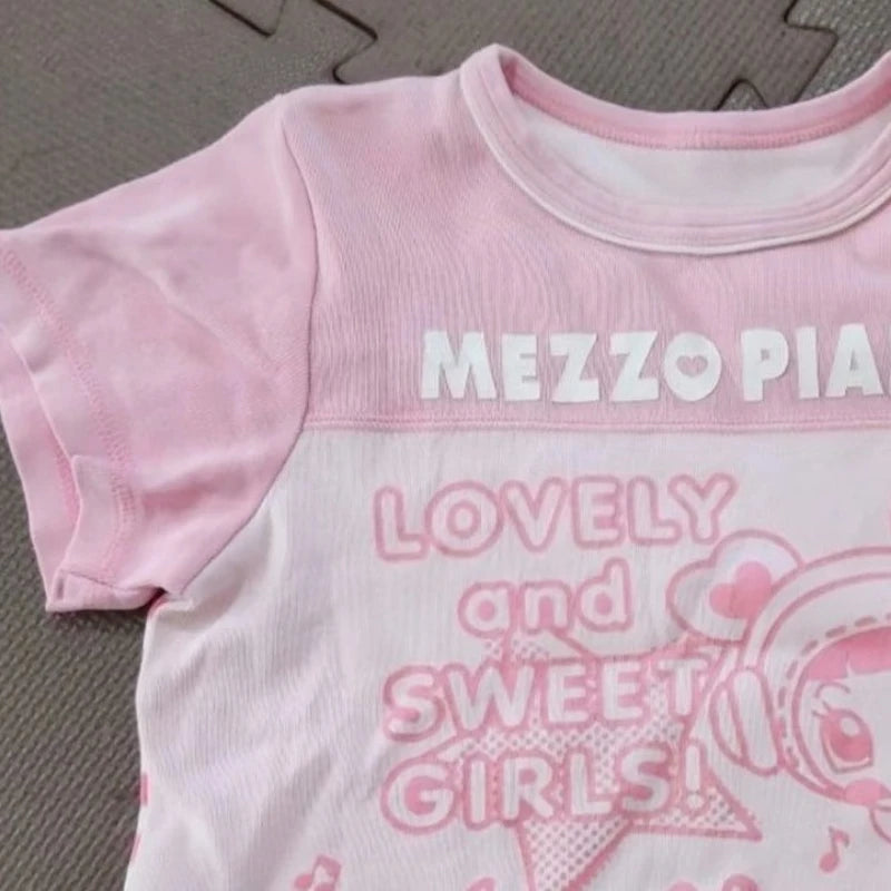 Japanese Kawaii Cartoon Print Tshirts 2025 Summer Women Y2k Aesthetic Grunge Patchwork Tees Harajuku Casual Loose Fairy T-shirt