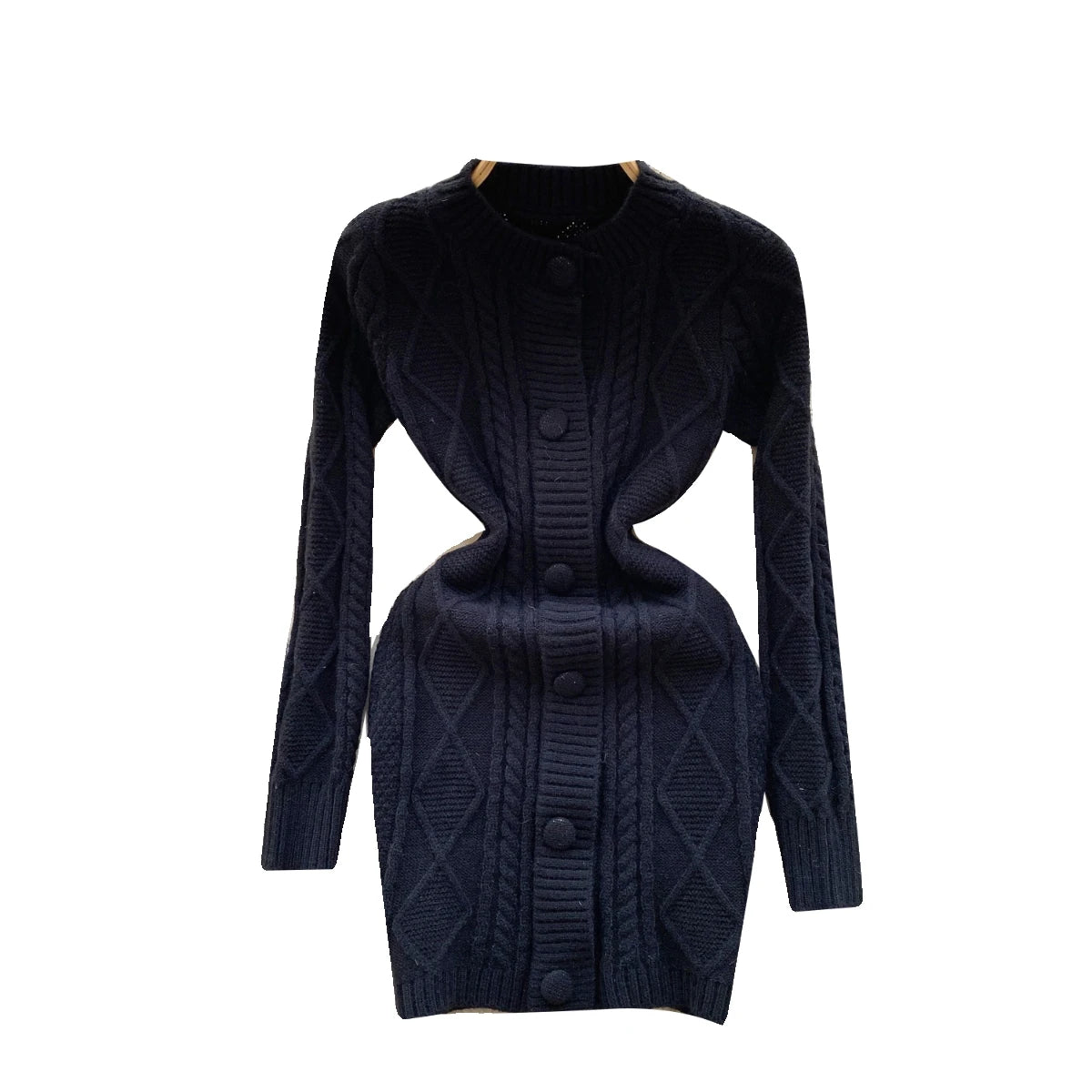 Women Black Round Neck  Single Breasted Knitted Dress Autumn Winter Beige Long Sleeve Casual Elegant Mini Sweater Dress Clothes