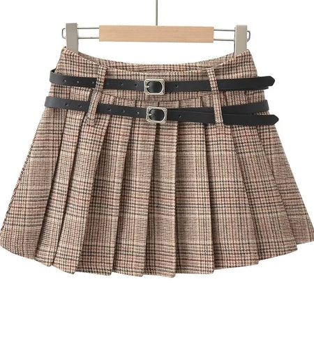 Women Sweet Pleated Plaid Skirt England Style Short High Waist Skirts Chic Sashes Side Zipper Skirts