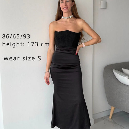 Load image into Gallery viewer, Black Maxi Wedding Guest Dress Women Strapless Velvet Boning Corset Party Dress Sexy Satin Long Formal Occasion Dress
