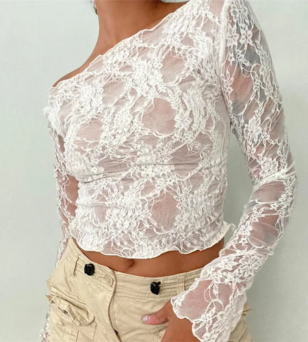 Women Lace Top y2k Clothing See Through Floral Hollow Out Round Neck Long Sleeve Ruffle Hem Mesh T Shirt Streetwear