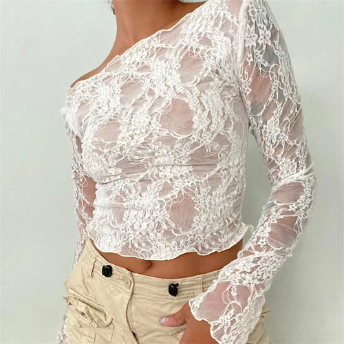 Load image into Gallery viewer, Women Lace Top y2k Clothing See Through Floral Hollow Out Round Neck Long Sleeve Ruffle Hem Mesh T Shirt Streetwear
