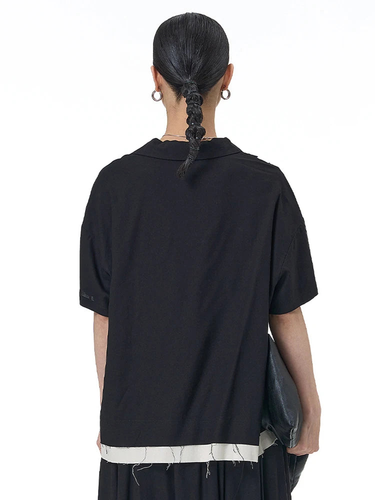 Women Black Color-block Burr Big Size Blouse New V-neck Short Sleeve Shirt Fashion Tide Spring Summer 2025 1DJ1493