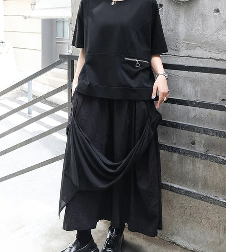 High Elastic Waist Black Irregular Spliced Long Wide Leg Pants New Trousers Women Fashion Tide Spring Autumn 2025 1DJ0548