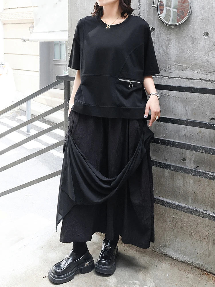 High Elastic Waist Black Irregular Spliced Long Wide Leg Pants New Trousers Women Fashion Tide Spring Autumn 2025 1DJ0548