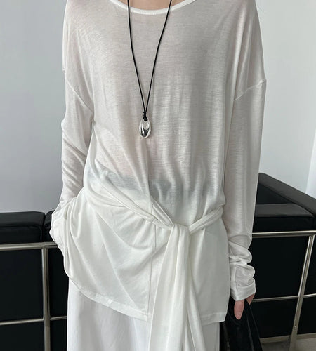 Women White Thin Bandge Perspective Big Size T-shirt New Round Neck Long Sleeve Fashion Tide Spring Autumn 2025 1DJ1303