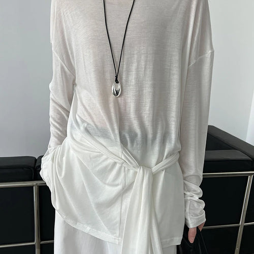 Load image into Gallery viewer, Women White Thin Bandge Perspective Big Size T-shirt New Round Neck Long Sleeve Fashion Tide Spring Autumn 2025 1DJ1303
