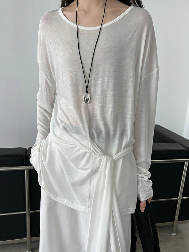 Women White Thin Bandge Perspective Big Size T-shirt New Round Neck Long Sleeve Fashion Tide Spring Autumn 2025 1DJ1303
