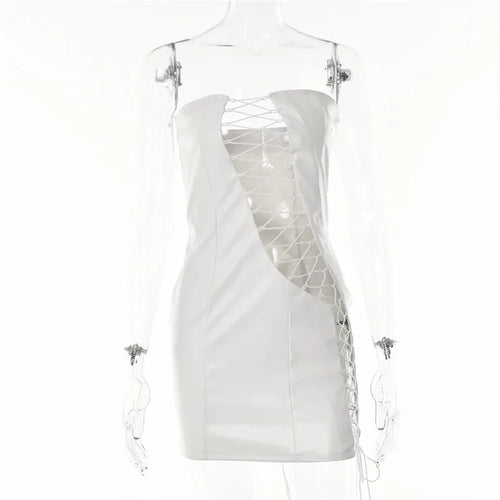 Load image into Gallery viewer, Hollow Out PU Leather Sexy Mini Dresses For Women Strapless Sleeveless Backless Bodycon Party Short Dress Vestido
