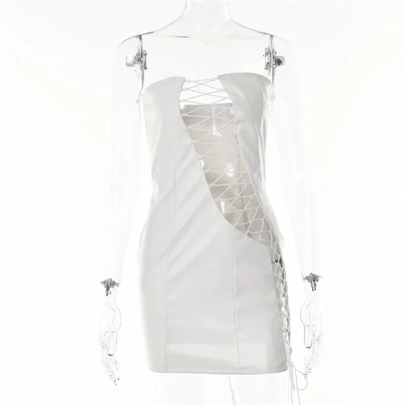 Hollow Out PU Leather Sexy Mini Dresses For Women Strapless Sleeveless Backless Bodycon Party Short Dress Vestido